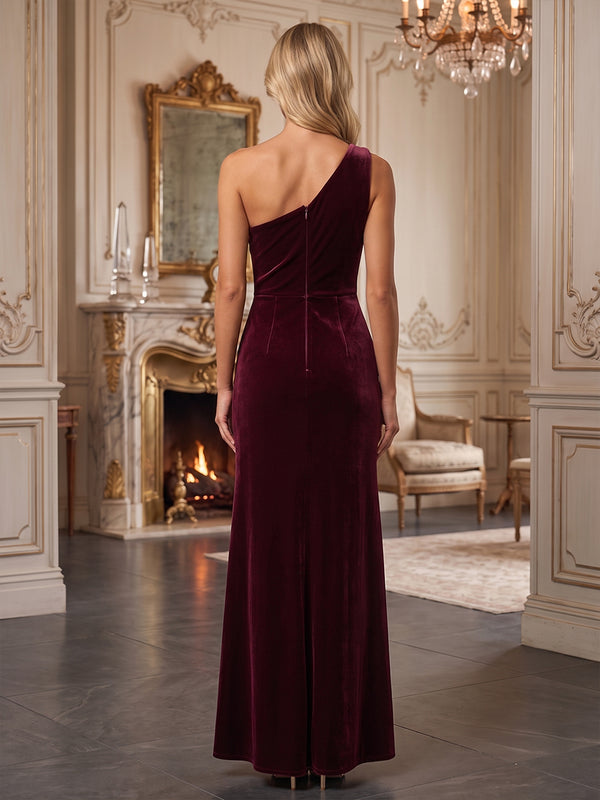A-Line/Princess One Shoulder Velvet Maxi Formal Dresses with Ruched Waist