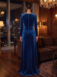 A-Line/Princess V-Neck Velvet Maxi Formal Dresses with Pleats & Ruched Waist