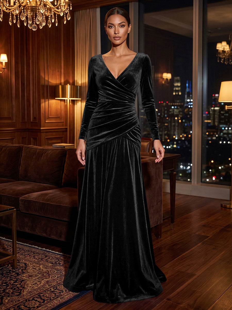 A-Line/Princess V-Neck Velvet Maxi Formal Dresses with Pleats & Ruched Waist