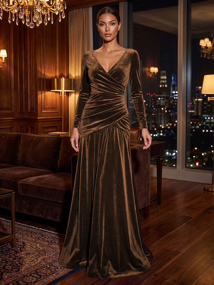 A-Line/Princess V-Neck Velvet Maxi Formal Dresses with Pleats & Ruched Waist