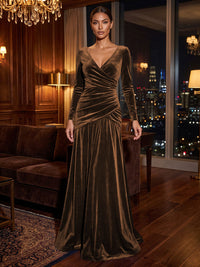 A-Line/Princess V-Neck Velvet Maxi Formal Dresses with Pleats & Ruched Waist