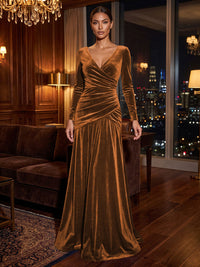 A-Line/Princess V-Neck Velvet Maxi Formal Dresses with Pleats & Ruched Waist