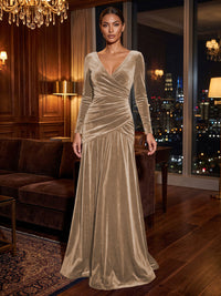 A-Line/Princess V-Neck Velvet Maxi Formal Dresses with Pleats & Ruched Waist