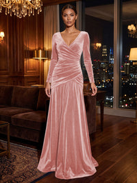 A-Line/Princess V-Neck Velvet Maxi Formal Dresses with Pleats & Ruched Waist