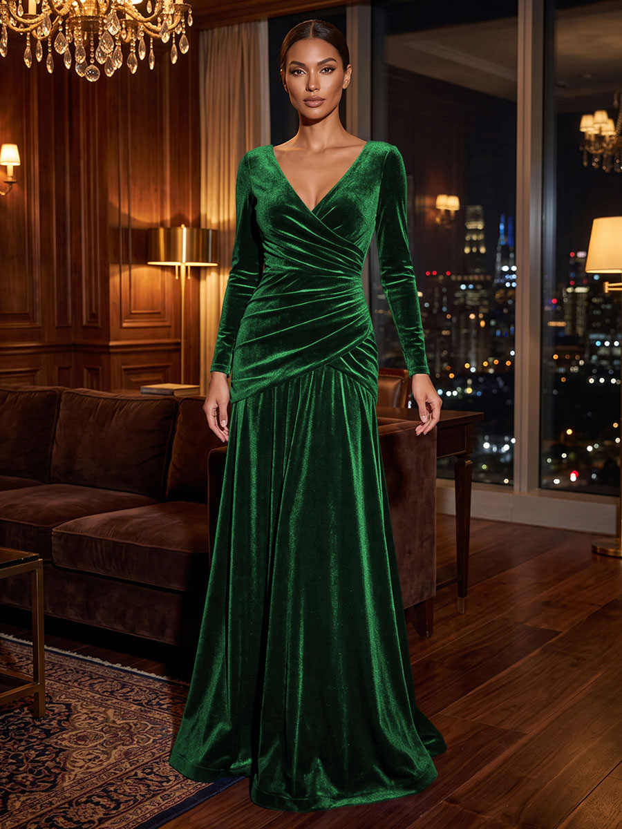 A-Line/Princess V-Neck Velvet Maxi Formal Dresses with Pleats & Ruched Waist