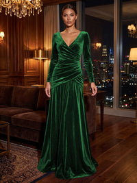 A-Line/Princess V-Neck Velvet Maxi Formal Dresses with Pleats & Ruched Waist