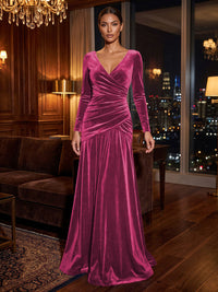 A-Line/Princess V-Neck Velvet Maxi Formal Dresses with Pleats & Ruched Waist