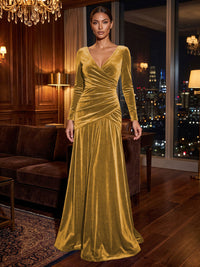 A-Line/Princess V-Neck Velvet Maxi Formal Dresses with Pleats & Ruched Waist