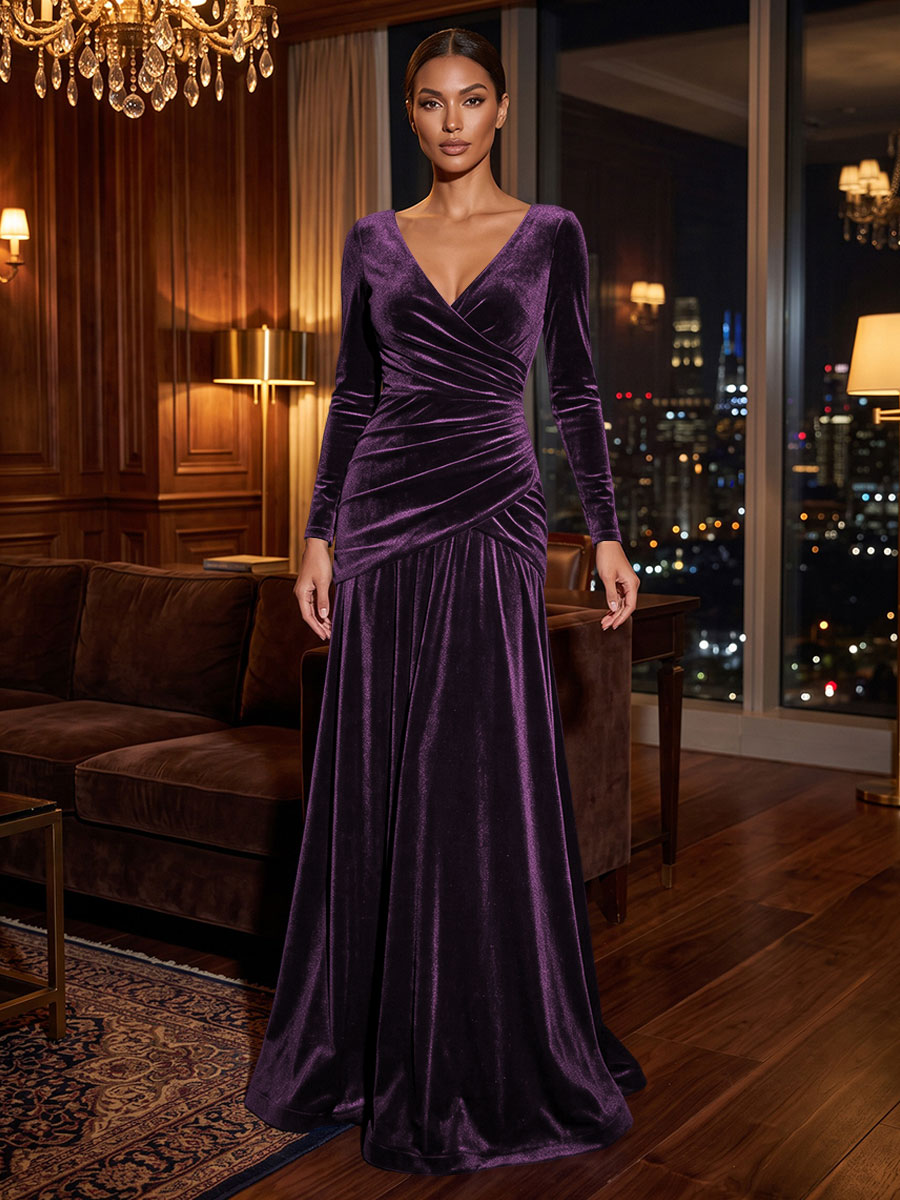 A-Line/Princess V-Neck Velvet Maxi Formal Dresses with Pleats & Ruched Waist