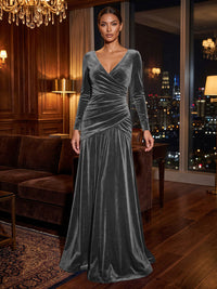 A-Line/Princess V-Neck Velvet Maxi Formal Dresses with Pleats & Ruched Waist