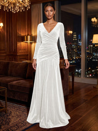 A-Line/Princess V-Neck Velvet Maxi Formal Dresses with Pleats & Ruched Waist