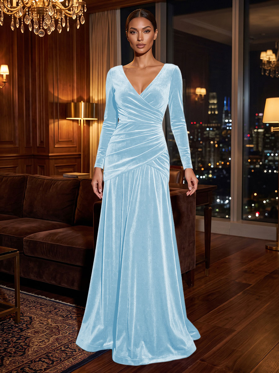 A-Line/Princess V-Neck Velvet Maxi Formal Dresses with Pleats & Ruched Waist