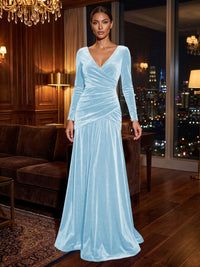 A-Line/Princess V-Neck Velvet Maxi Formal Dresses with Pleats & Ruched Waist
