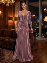 A-Line/Princess V-Neck Velvet Maxi Formal Dresses with Pleats & Ruched Waist