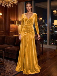 A-Line/Princess V-Neck Velvet Maxi Formal Dresses with Pleats & Ruched Waist