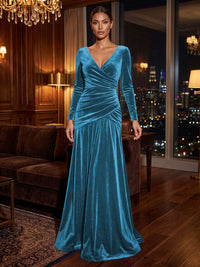 A-Line/Princess V-Neck Velvet Maxi Formal Dresses with Pleats & Ruched Waist