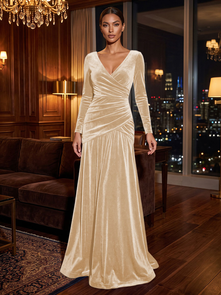 A-Line/Princess V-Neck Velvet Maxi Formal Dresses with Pleats & Ruched Waist