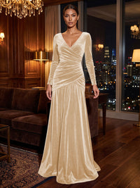 A-Line/Princess V-Neck Velvet Maxi Formal Dresses with Pleats & Ruched Waist