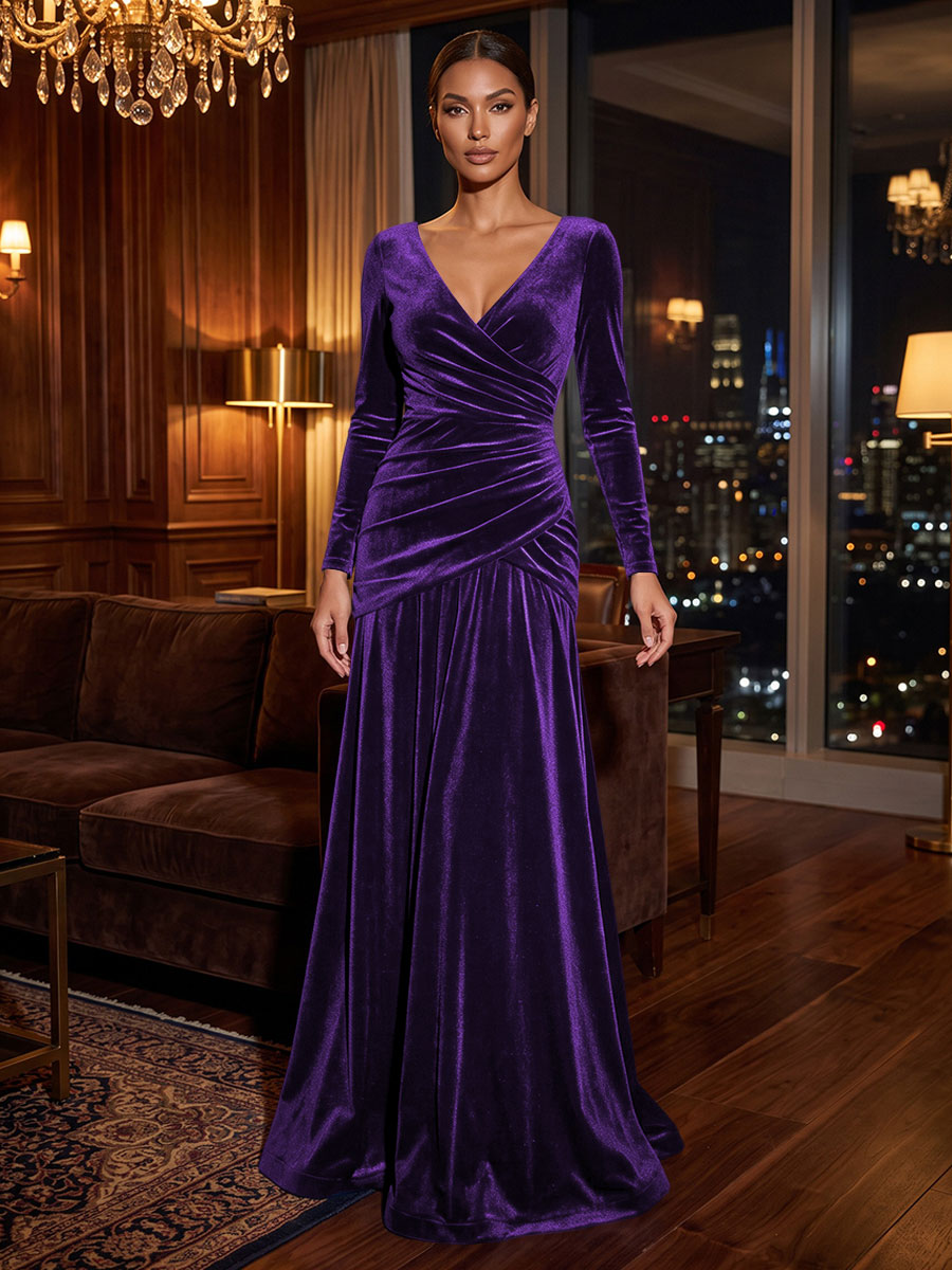 A-Line/Princess V-Neck Velvet Maxi Formal Dresses with Pleats & Ruched Waist