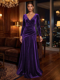 A-Line/Princess V-Neck Velvet Maxi Formal Dresses with Pleats & Ruched Waist