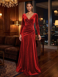 A-Line/Princess V-Neck Velvet Maxi Formal Dresses with Pleats & Ruched Waist