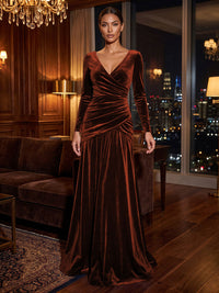 A-Line/Princess V-Neck Velvet Maxi Formal Dresses with Pleats & Ruched Waist