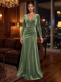 A-Line/Princess V-Neck Velvet Maxi Formal Dresses with Pleats & Ruched Waist