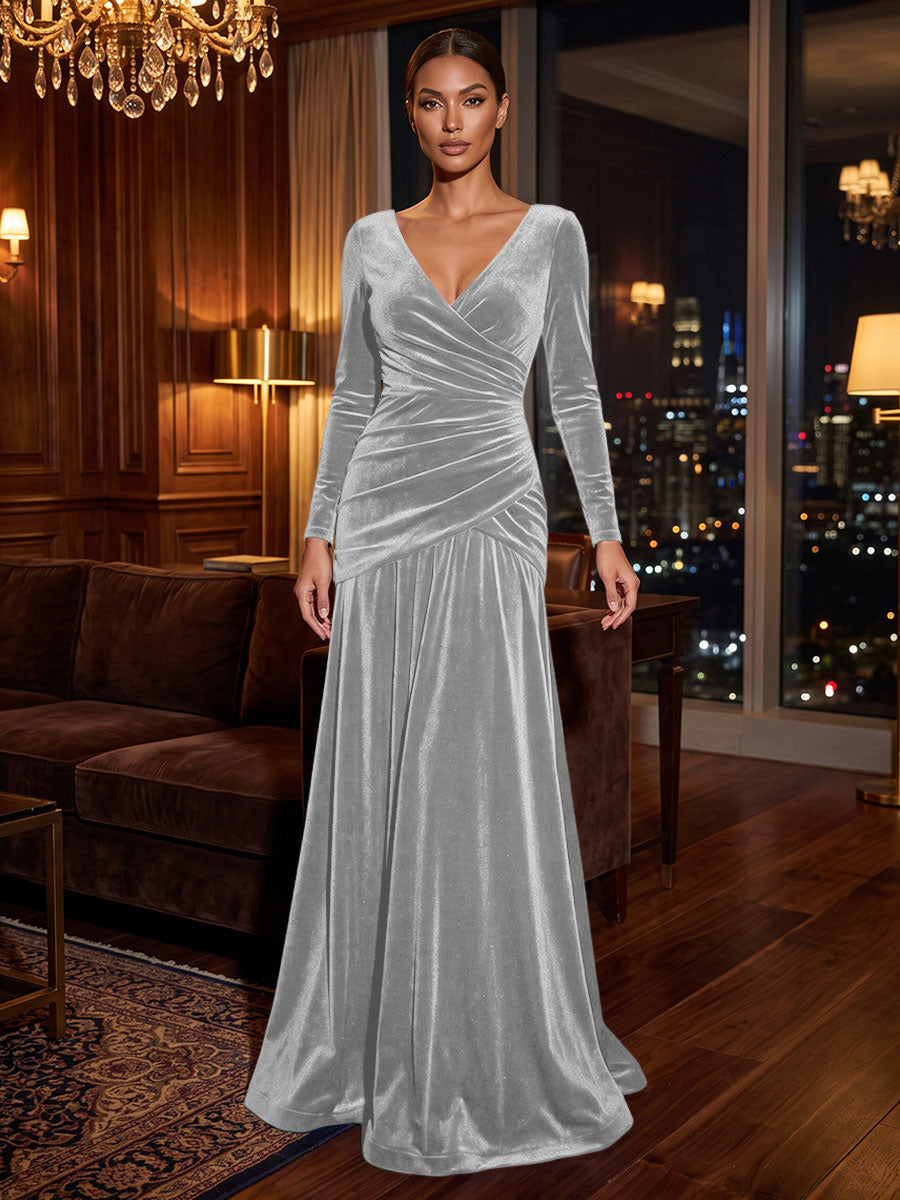 A-Line/Princess V-Neck Velvet Maxi Formal Dresses with Pleats & Ruched Waist