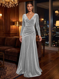 A-Line/Princess V-Neck Velvet Maxi Formal Dresses with Pleats & Ruched Waist