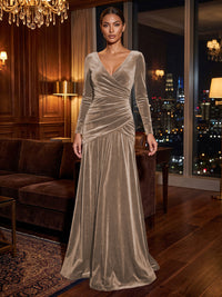 A-Line/Princess V-Neck Velvet Maxi Formal Dresses with Pleats & Ruched Waist