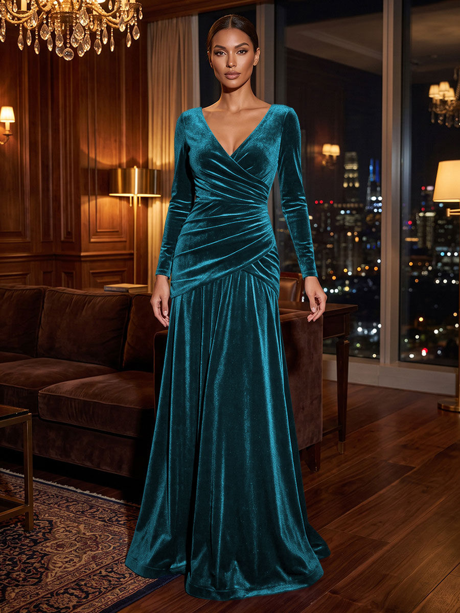 A-Line/Princess V-Neck Velvet Maxi Formal Dresses with Pleats & Ruched Waist
