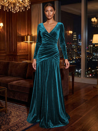 A-Line/Princess V-Neck Velvet Maxi Formal Dresses with Pleats & Ruched Waist