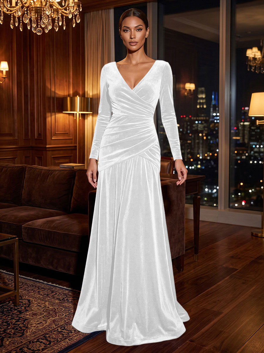 A-Line/Princess V-Neck Velvet Maxi Formal Dresses with Pleats & Ruched Waist