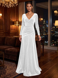 A-Line/Princess V-Neck Velvet Maxi Formal Dresses with Pleats & Ruched Waist