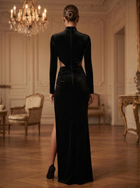 Sheath/Column High Neck Velvet Maxi Formal Dresses with Ruched Waist & Slit