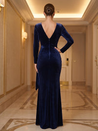 Sheath/Column V-Neck Velvet Maxi Formal Dresses with Sash, Ruched Waist & Slit