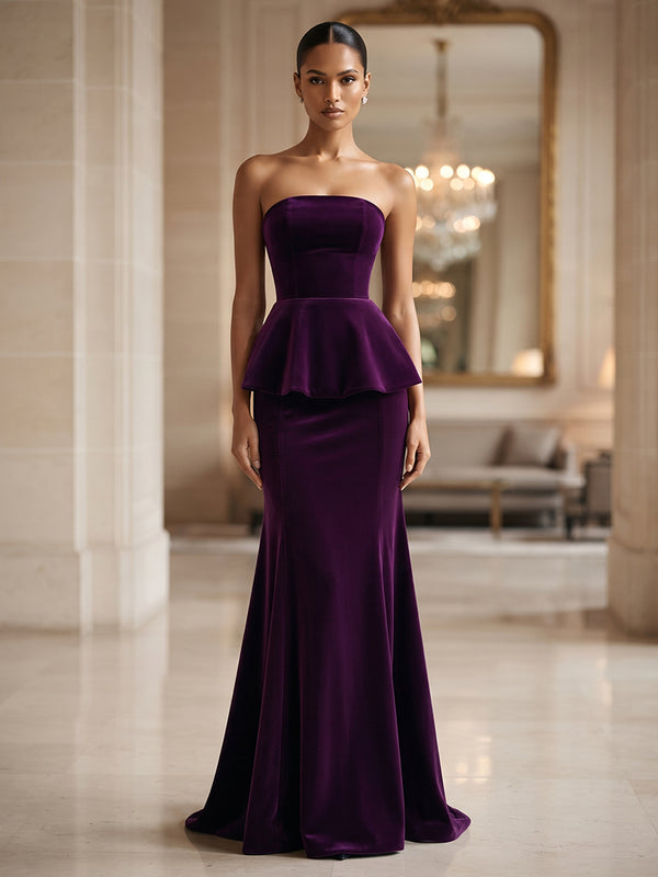Mermaid/Trumpet Strapless Velvet Maxi Formal Dresses with Ruffles