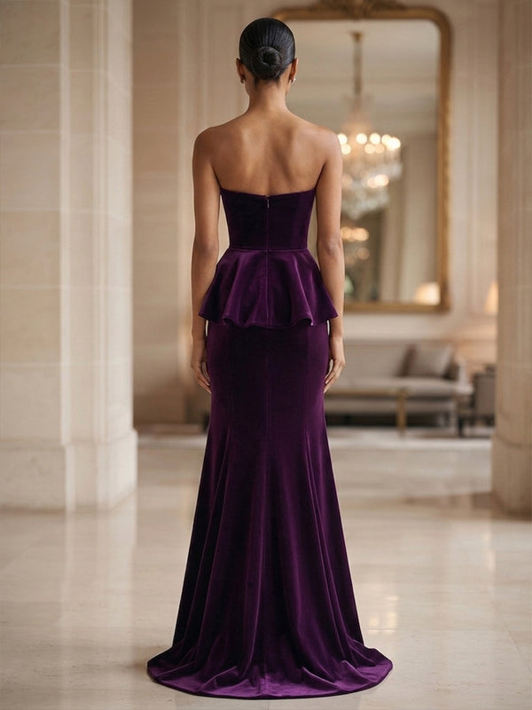 Mermaid/Trumpet Strapless Velvet Maxi Formal Dresses with Ruffles