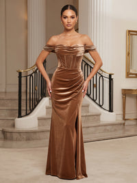 Sheath/Column Off Shoulder Velvet Maxi Formal Dresses with Corset, Ruched Waist & Slit