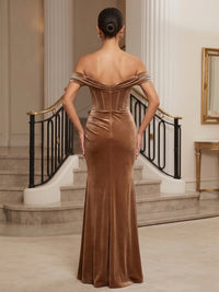 Sheath/Column Off Shoulder Velvet Maxi Formal Dresses with Corset, Ruched Waist & Slit