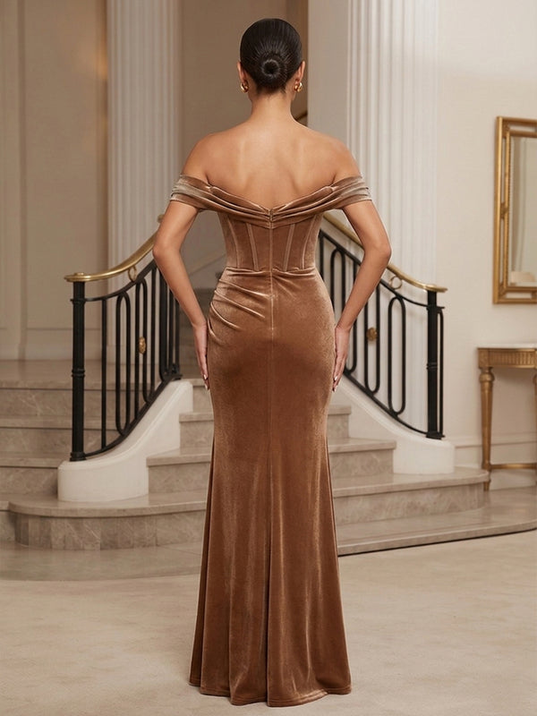 Sheath/Column Off Shoulder Velvet Maxi Formal Dresses with Corset, Ruched Waist & Slit