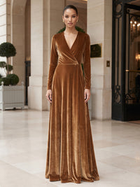 A-Line/Princess V-Neck Velvet Maxi Formal Dresses with Pleats
