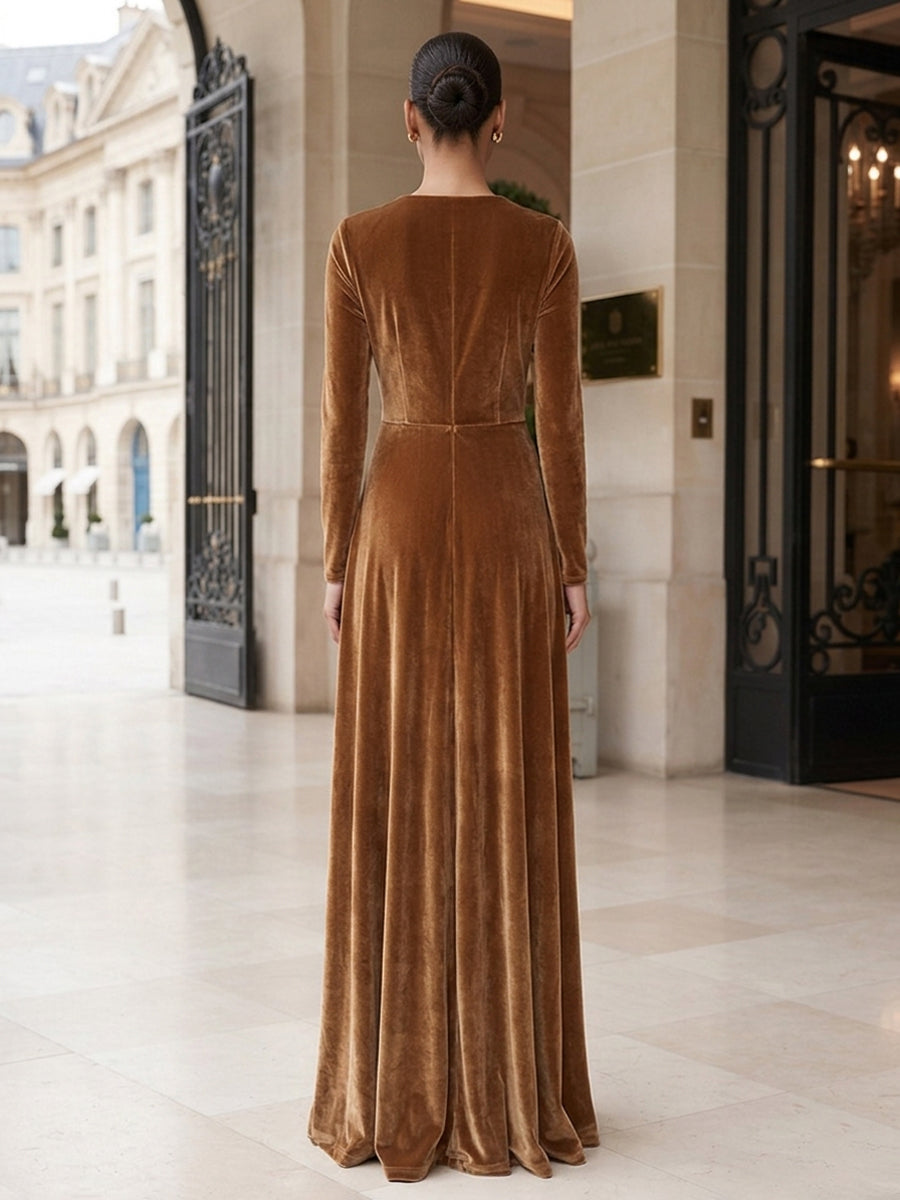 A-Line/Princess V-Neck Velvet Maxi Formal Dresses with Pleats