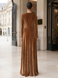 A-Line/Princess V-Neck Velvet Maxi Formal Dresses with Pleats