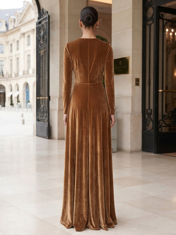 A-Line/Princess V-Neck Velvet Maxi Formal Dresses with Pleats