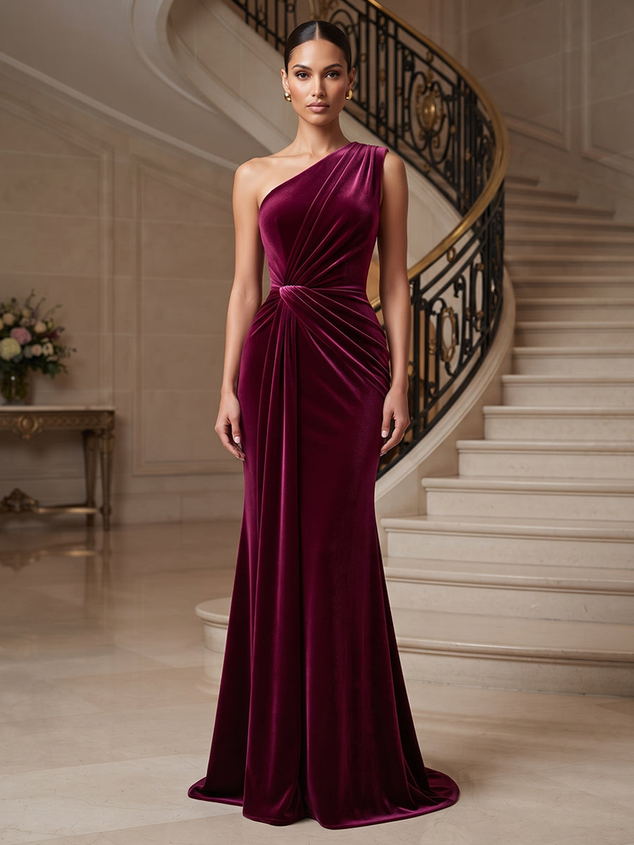 Sheath/Column One Shoulder Velvet Maxi Formal Dresses with Ruched Waist
