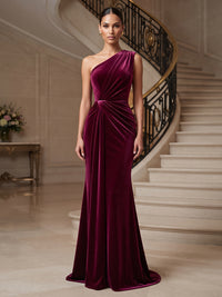 Sheath/Column One Shoulder Velvet Maxi Formal Dresses with Ruched Waist
