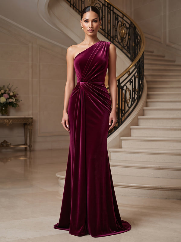 Sheath/Column One Shoulder Velvet Maxi Formal Dresses with Ruched Waist