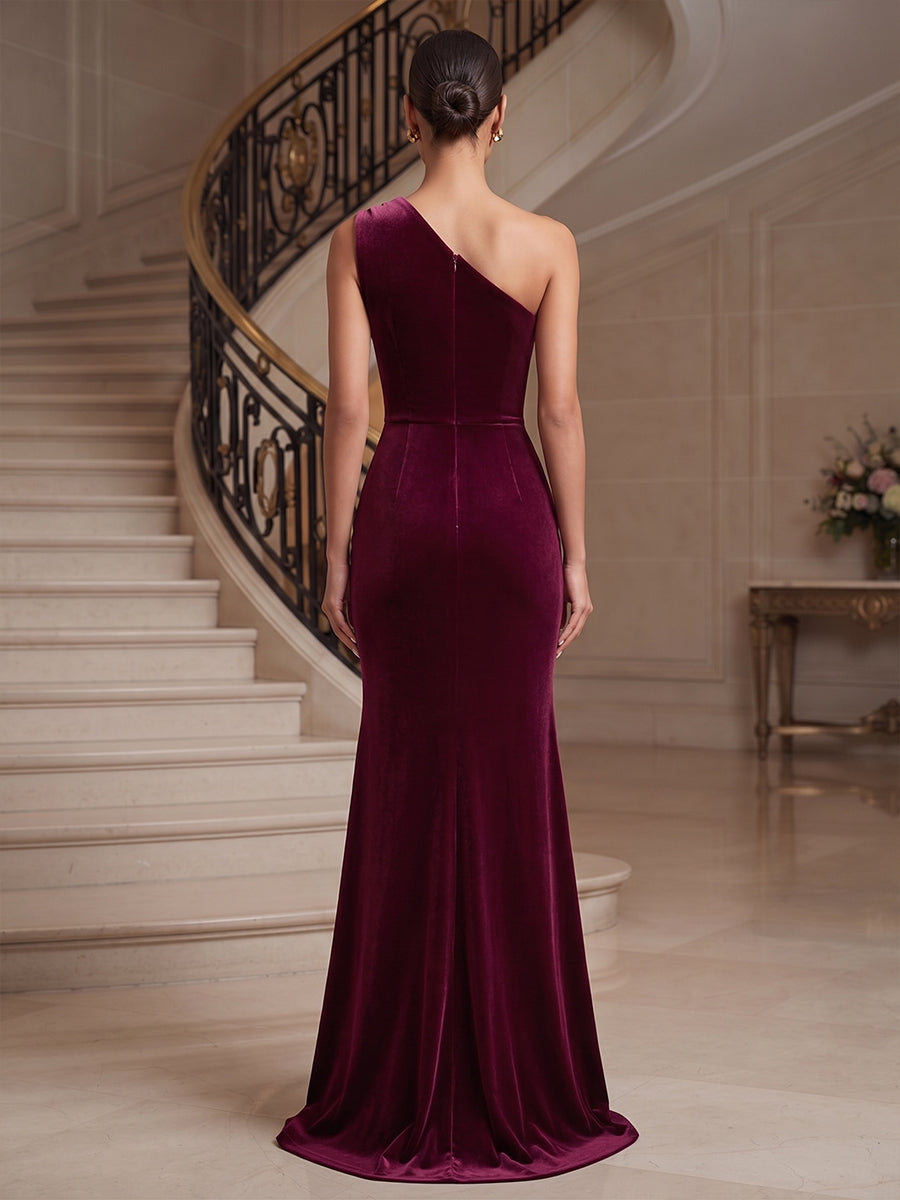 Sheath/Column One Shoulder Velvet Maxi Formal Dresses with Ruched Waist