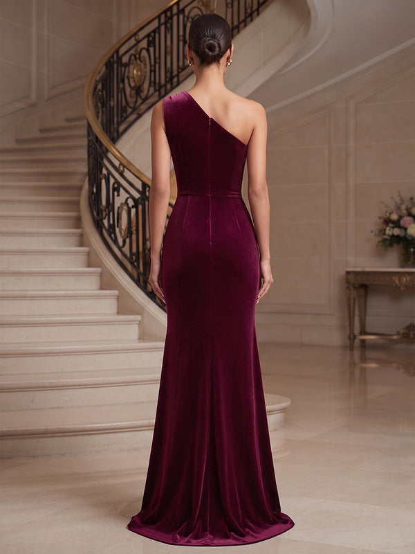 Sheath/Column One Shoulder Velvet Maxi Formal Dresses with Ruched Waist